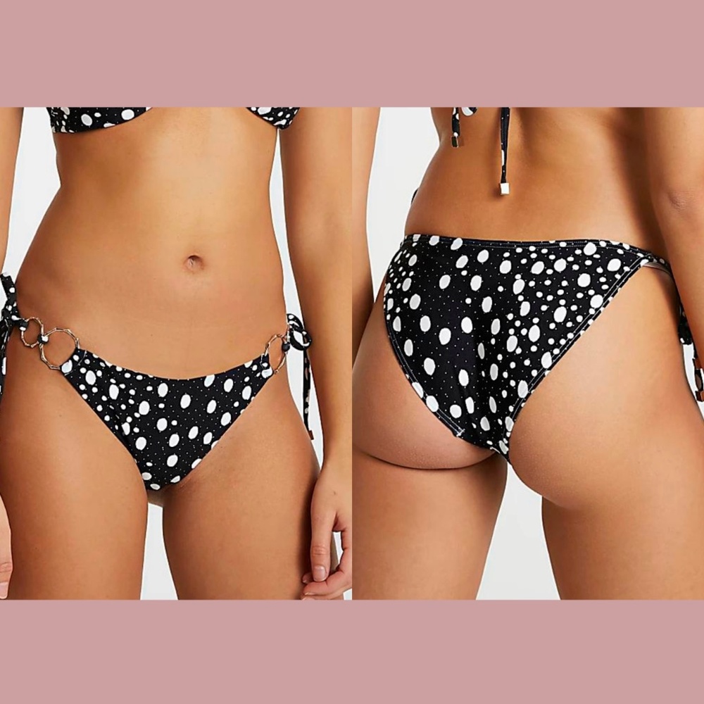 NEW River Island [ 2 US ] Ring‎ Detail Polka Dot Side Tie Bikini Bottoms